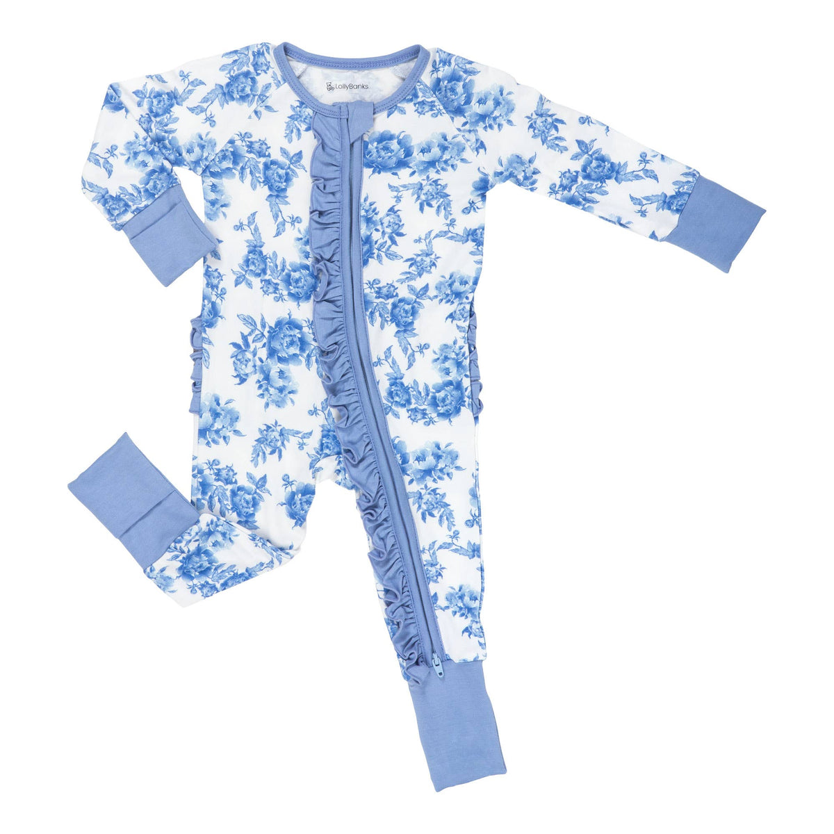 Baby onesie with blue floral pattern on a white background
