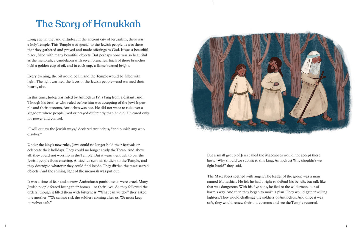 Book page with text and illustration of people in a forest setting