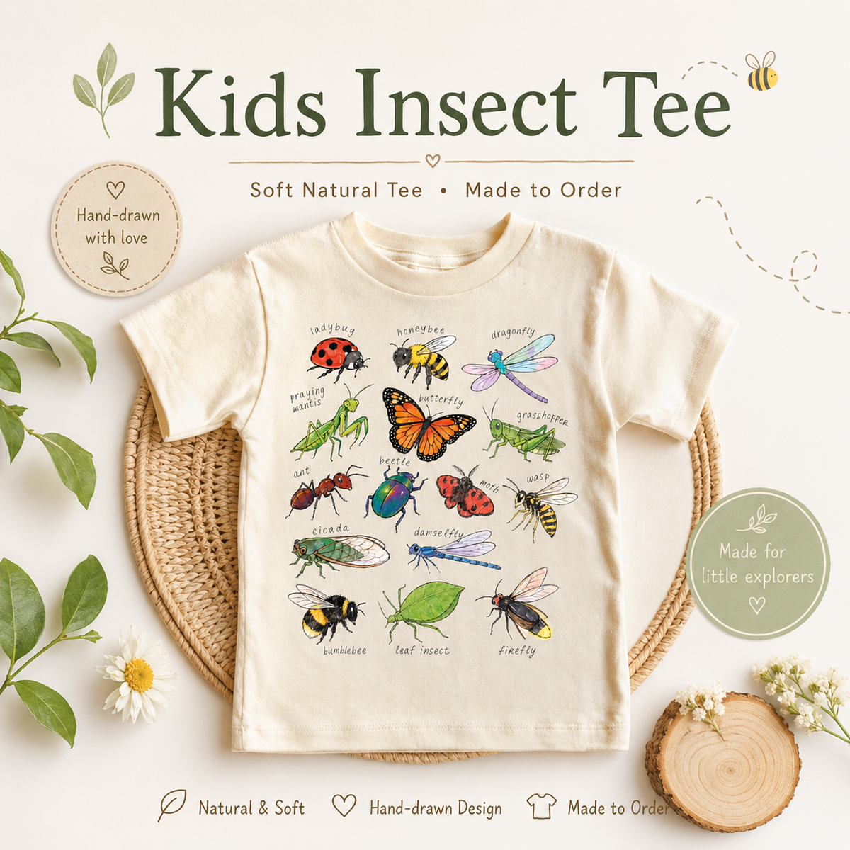 Children's t-shirt with insect illustrations on a natural background