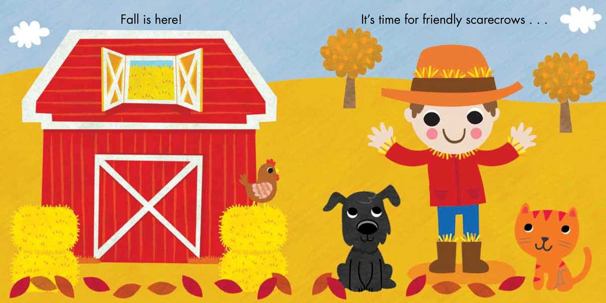 A cartoon dog and cat sit next to a friendly scarecrow 