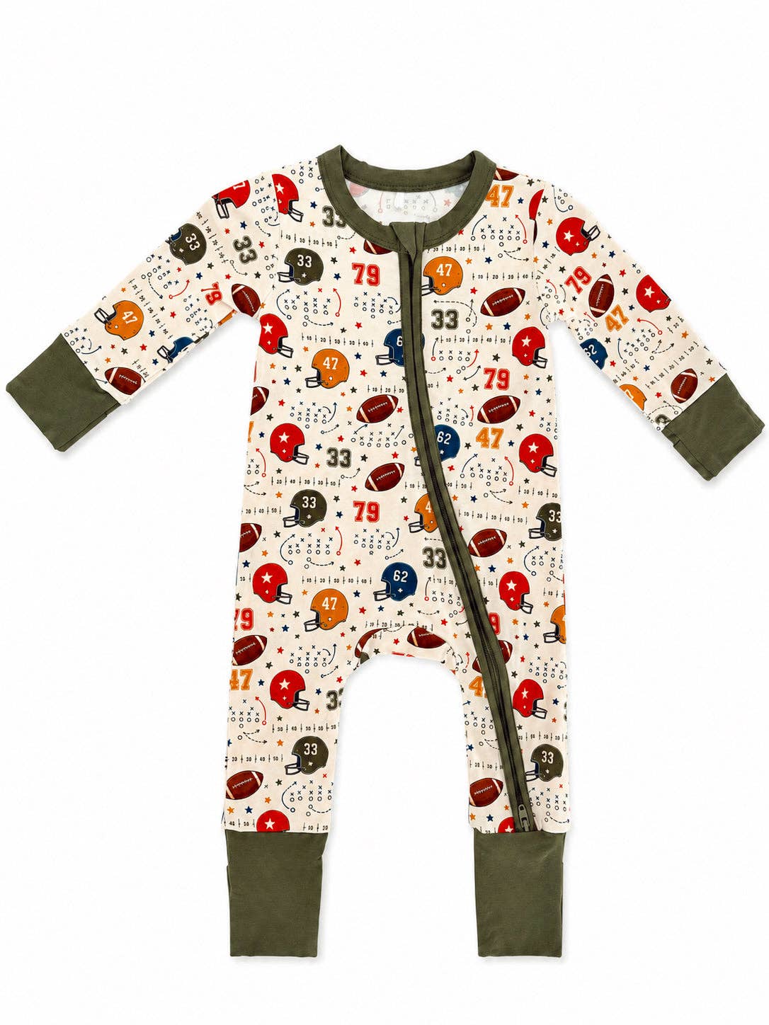 A baby long-sleeve footless one-piece sleeper with an all-over football print on an off-white background, featuring olive green cuffs and collar, and a front zipper.