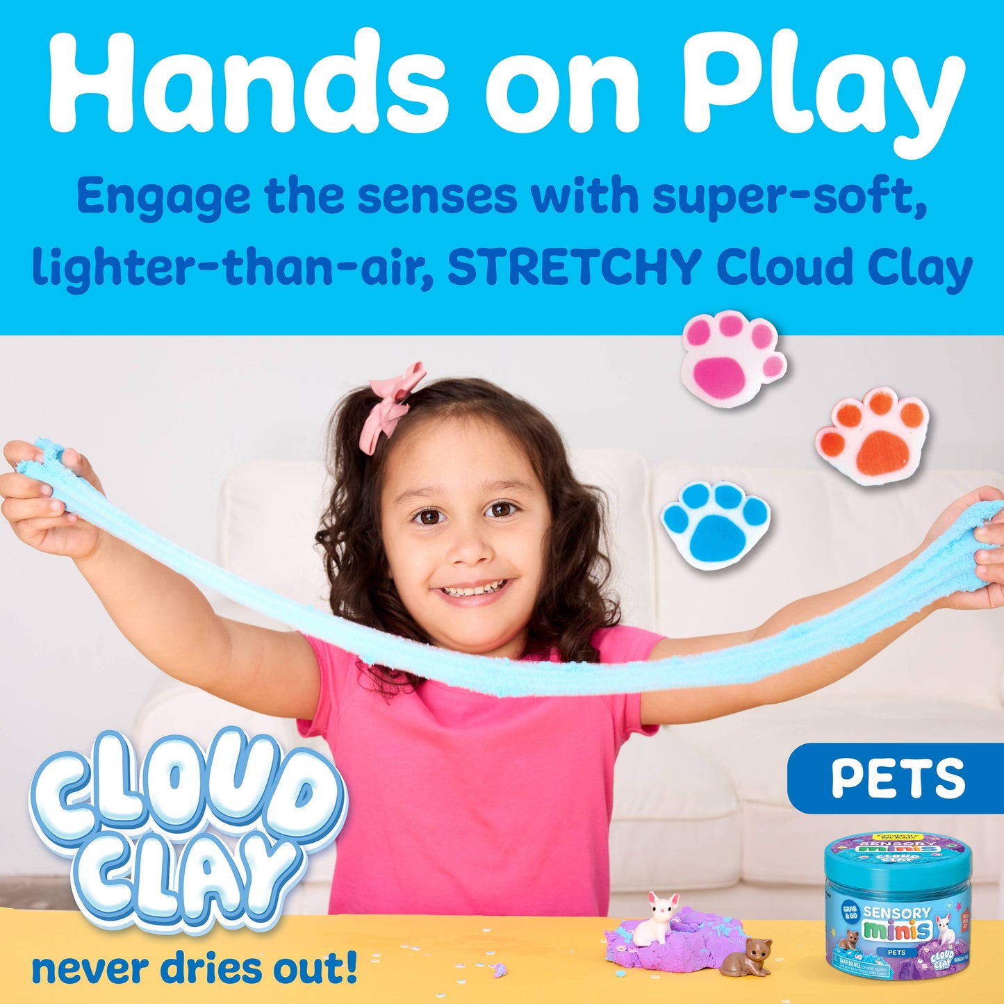 Child playing with Cloud Clay, a toy product, with promotional text about its properties.
