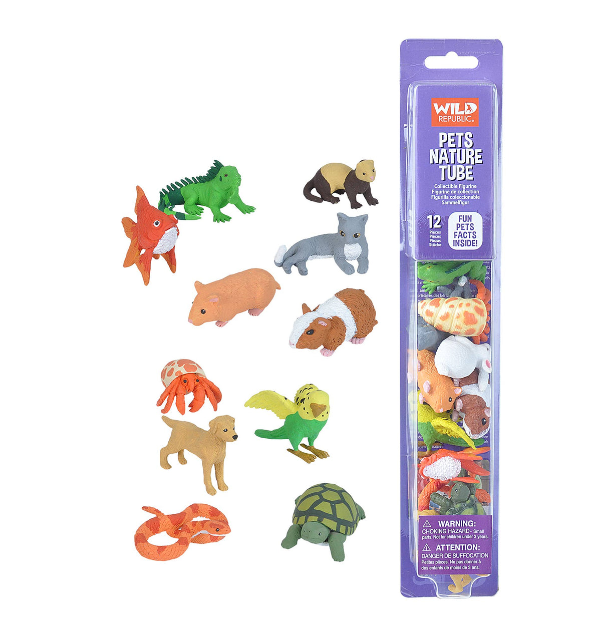 Assorted animal figurines in front of their packaging on a white background