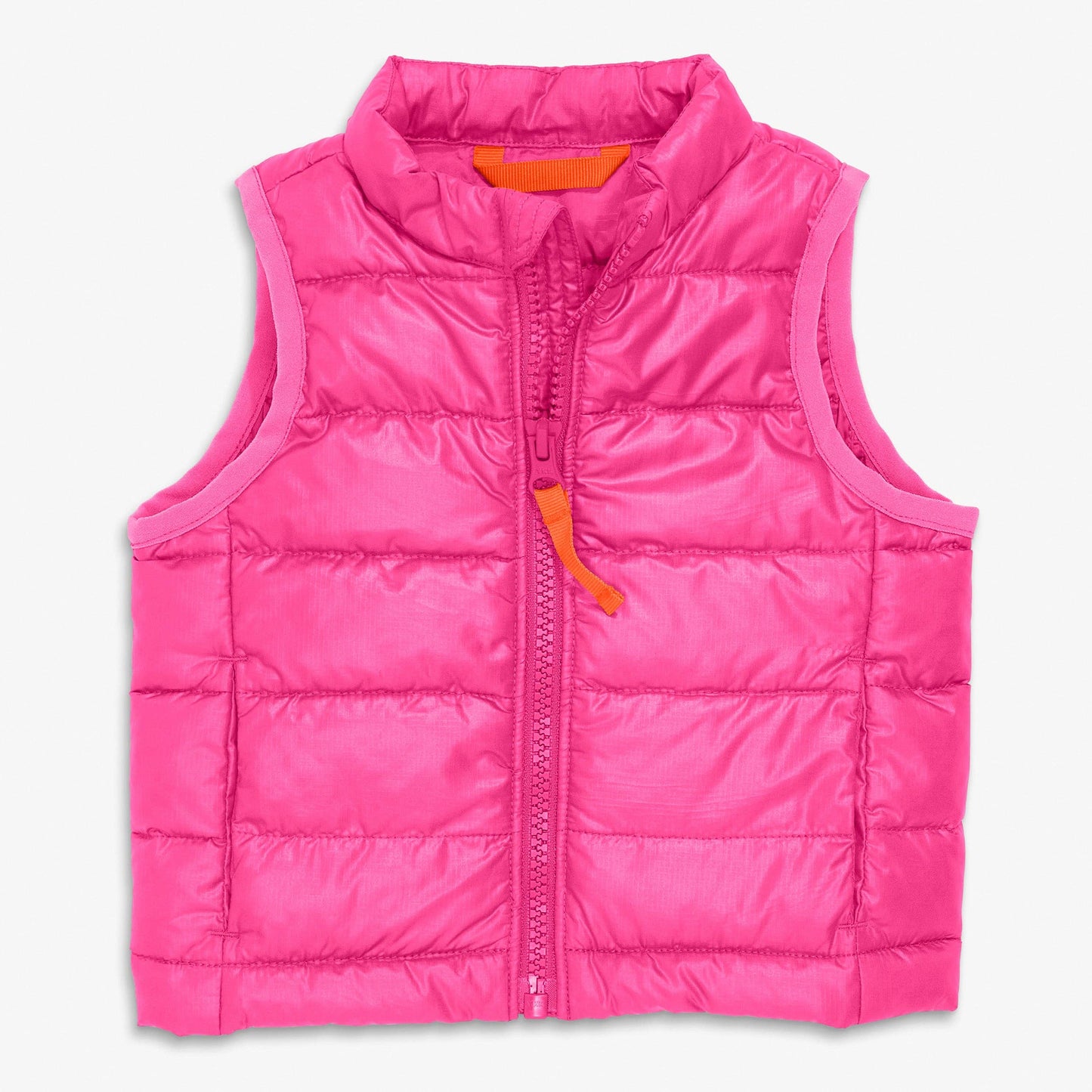 A bright pink puffer vest with horizontal quilting, a full front zipper, and an orange zipper pull, shown flat against a light gray background.