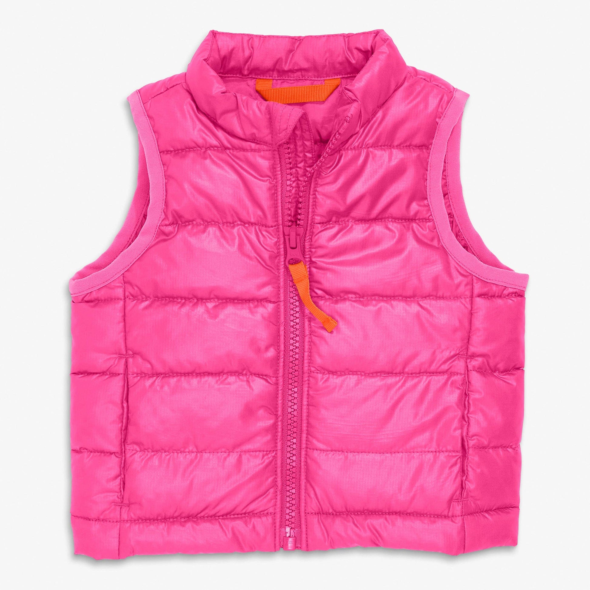 A bright pink puffer vest with horizontal quilting, a full front zipper, and an orange zipper pull, shown flat against a light gray background.