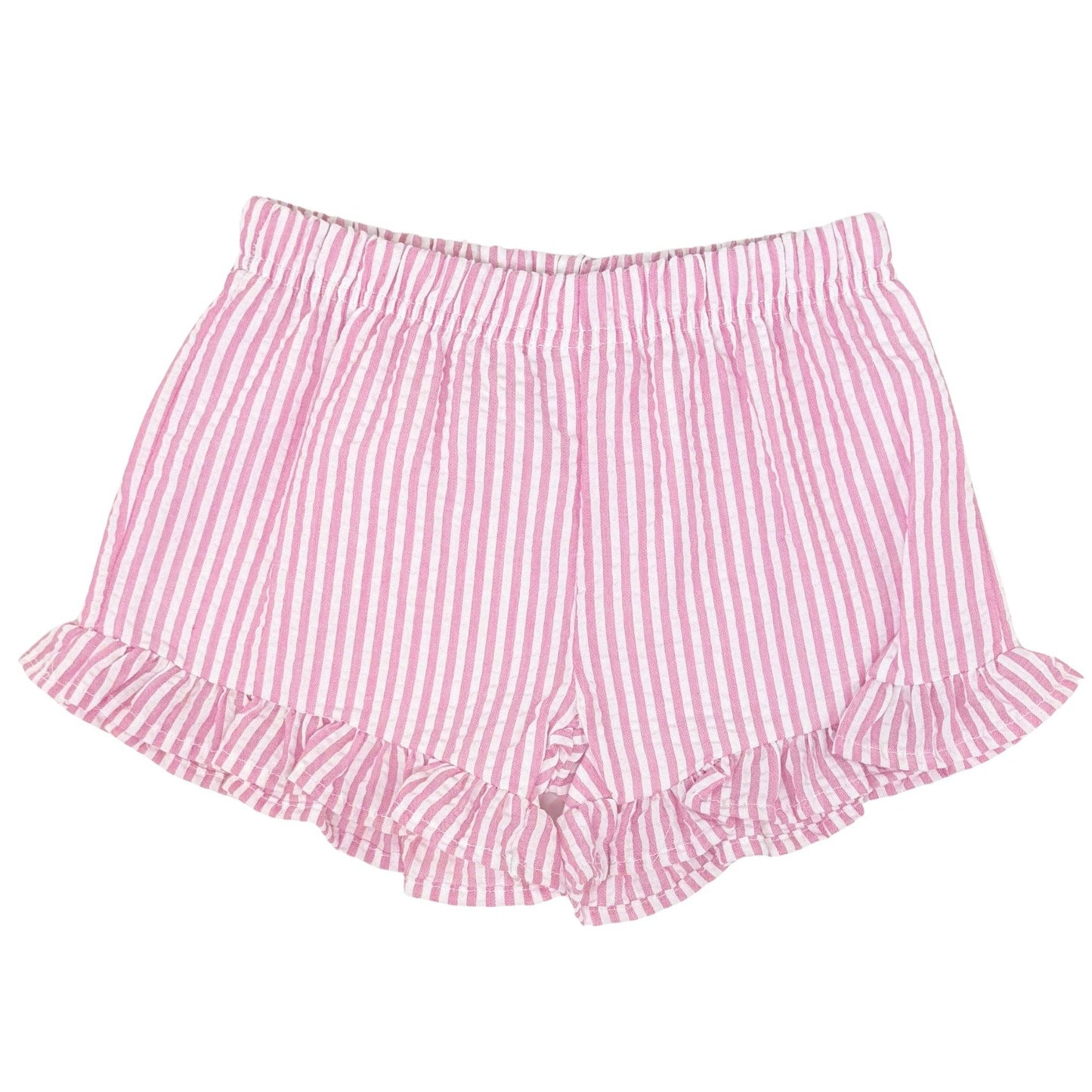 Pink and white striped shorts with ruffled edges on a white background