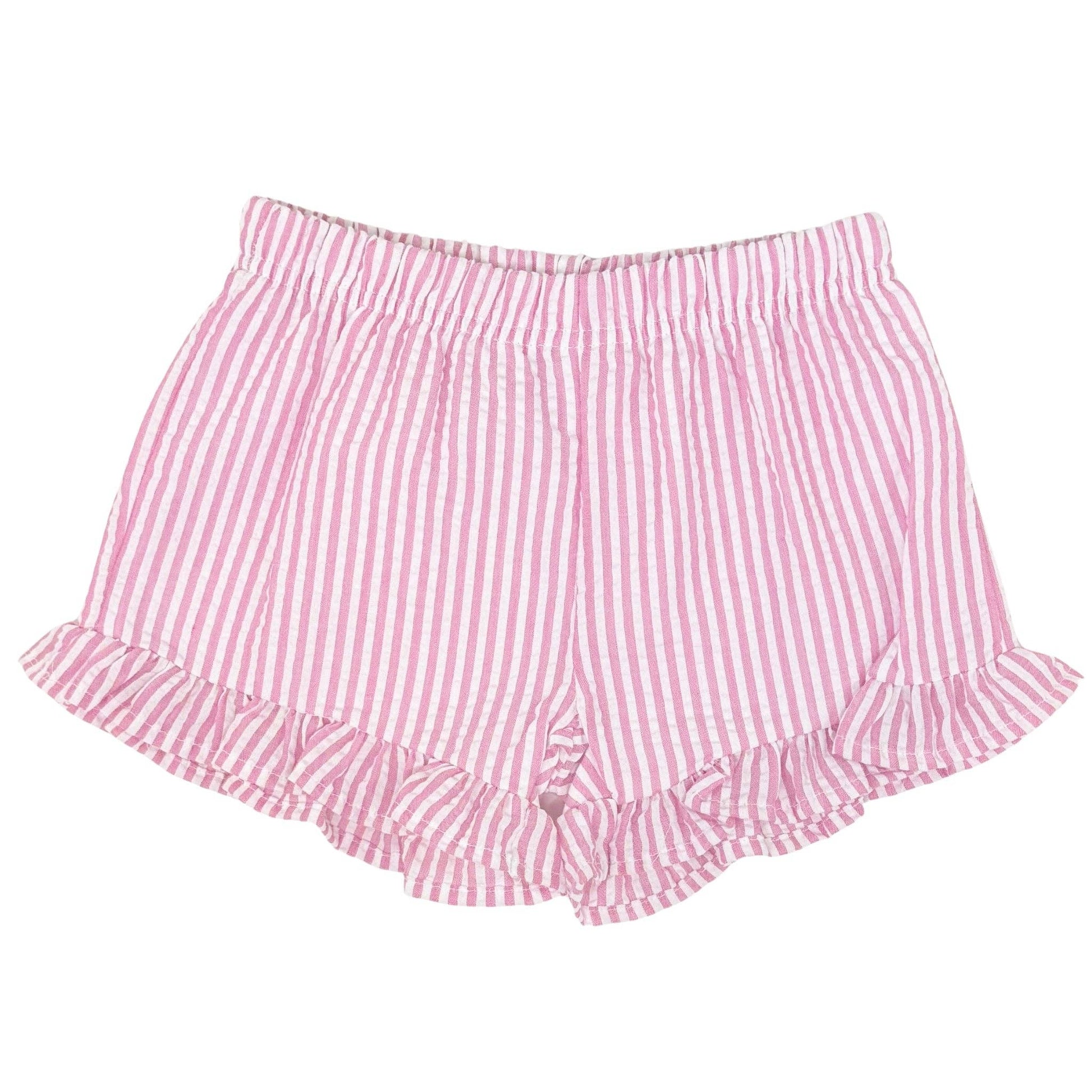 Pink and white striped shorts with ruffled edges on a white background