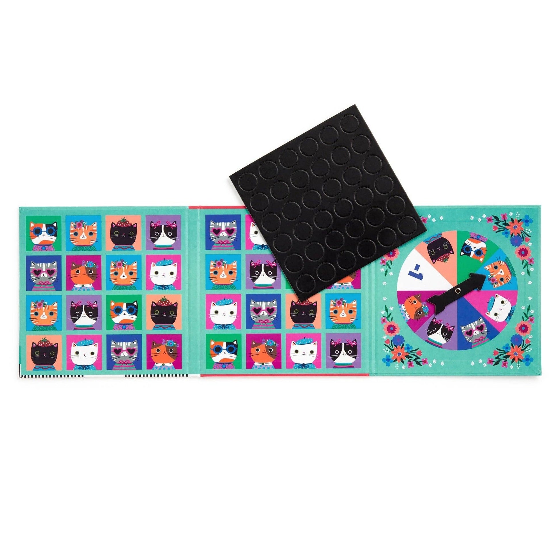 Colorful pop-it toy with cat designs on a white background