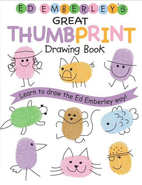 Book cover of 'Ed Emberley's Great Thumbprint Drawing Book' with colorful fingerprint art illustrations.