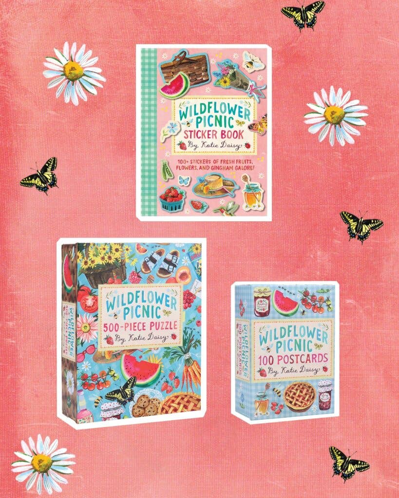 Set of Wildflower Picnic products including a sticker book, puzzle, and postcards on a pink background with flowers and butterflies.