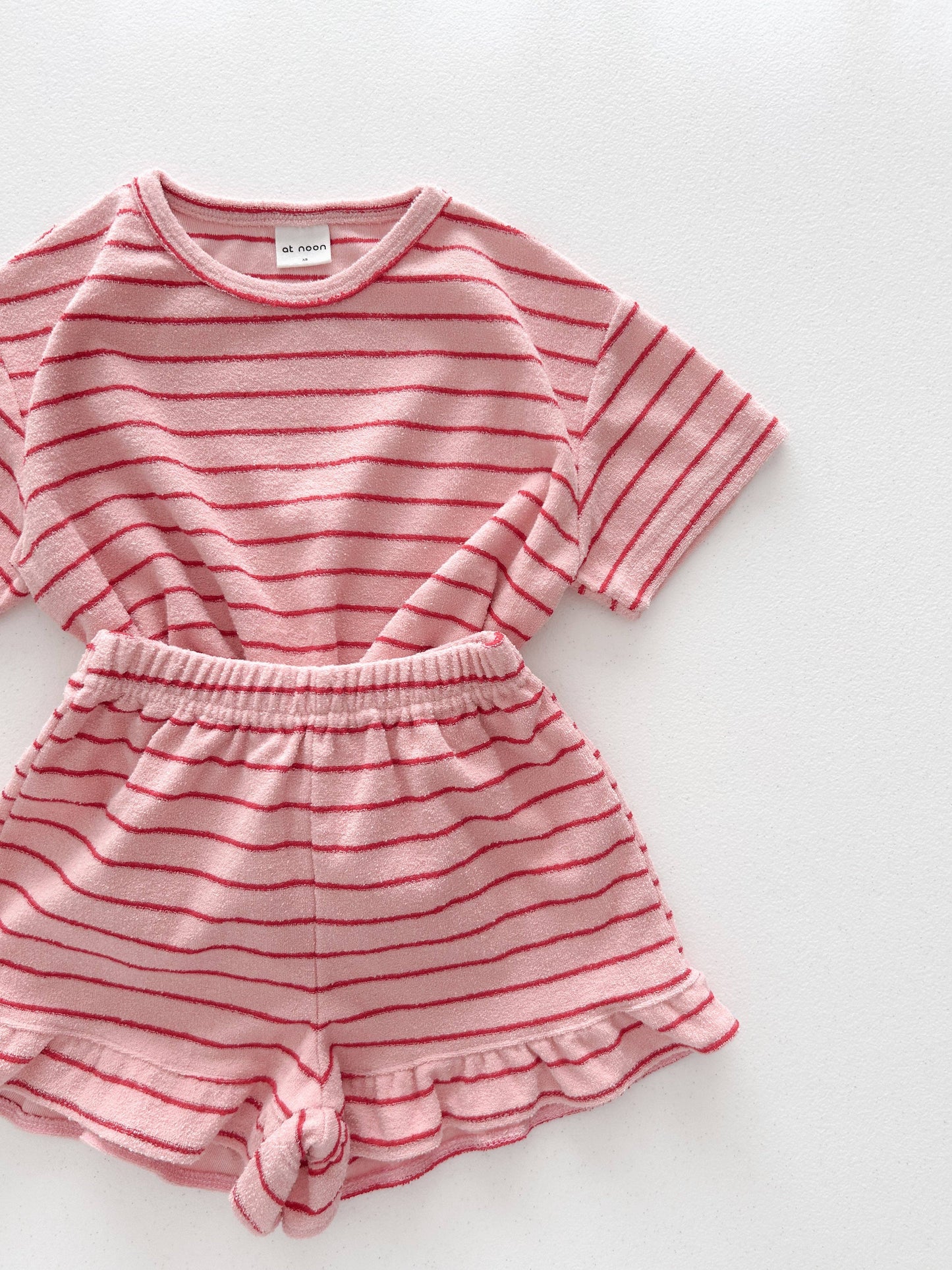 Pink Terry Cloth Stripe Short Sleeve Top and  Frill Shorts Set