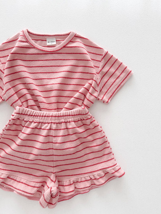 Pink Terry Cloth Stripe Short Sleeve Top and  Frill Shorts Set