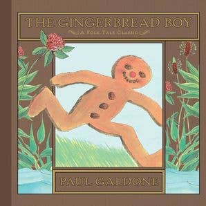 The Gingerbread Boy book cover by Paul Galdone, featuring an illustration of a gingerbread man running through a snowy landscape with green plants and red flowers, set against a brown border.