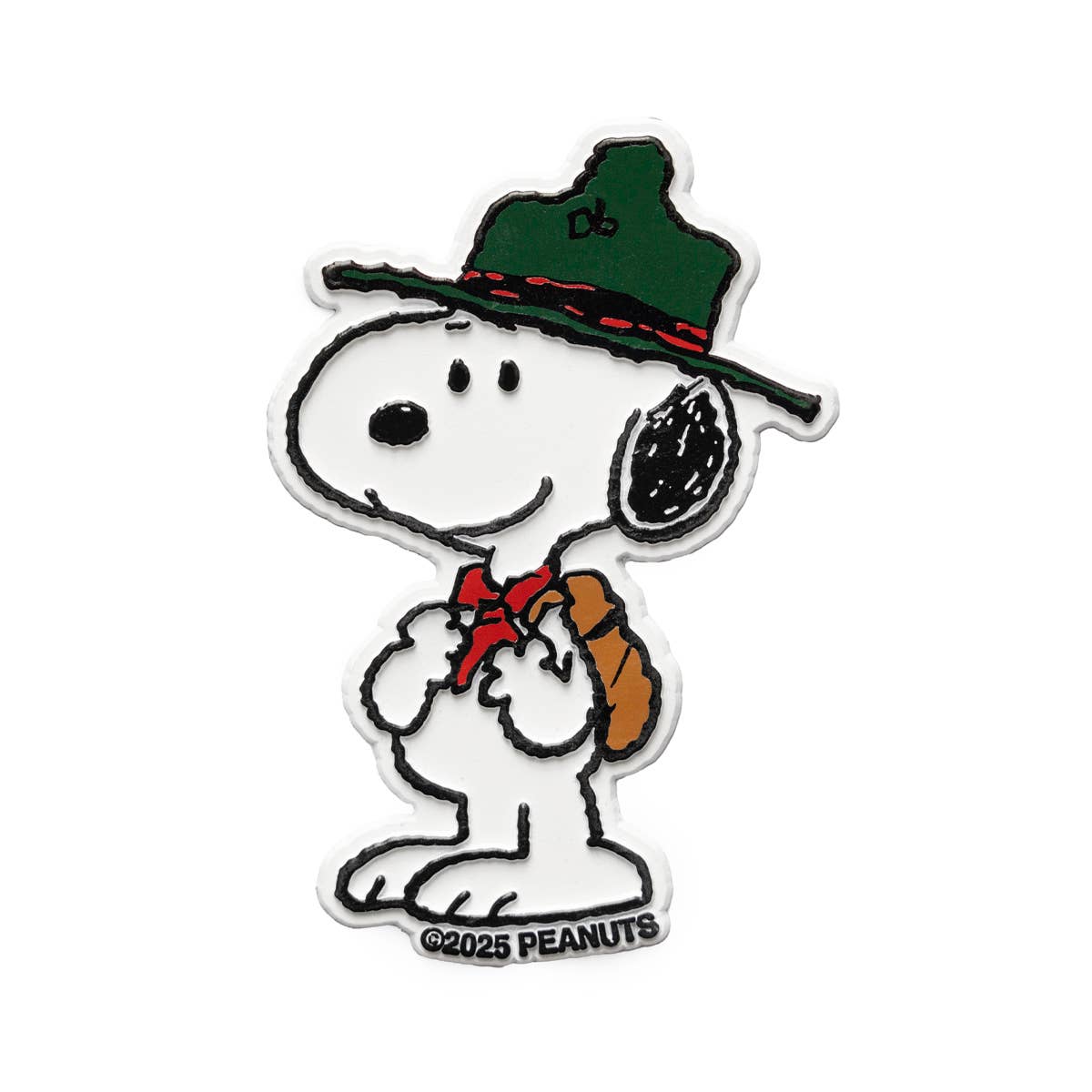Snoopy character with a green top hat and brown bag on a white background
