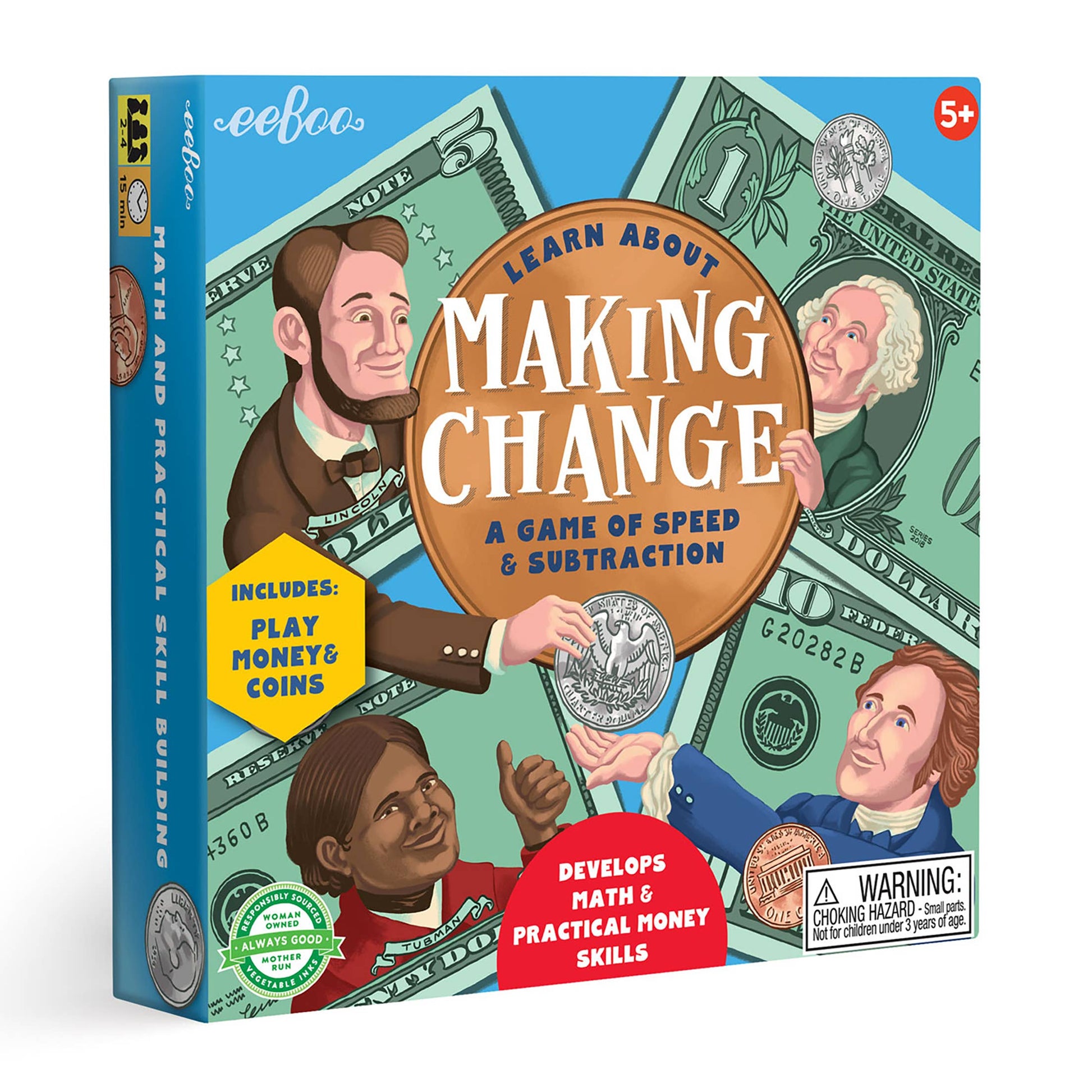 Board game box for 'Making Change' educational game with money-themed design.