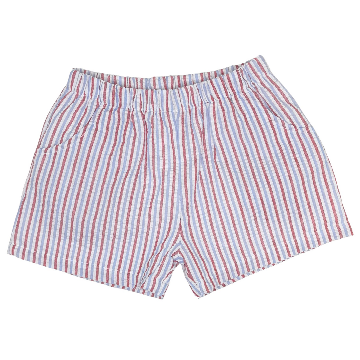 Red and white striped shorts on a white background