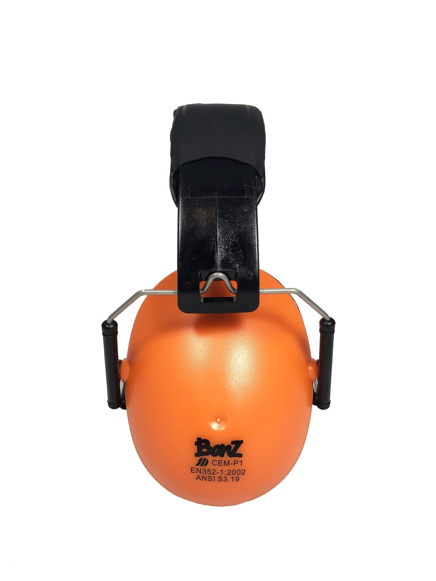Orange ear defender with black clip on a white background