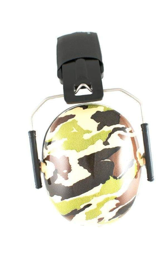 Camouflage-patterned ear protection device on a white background