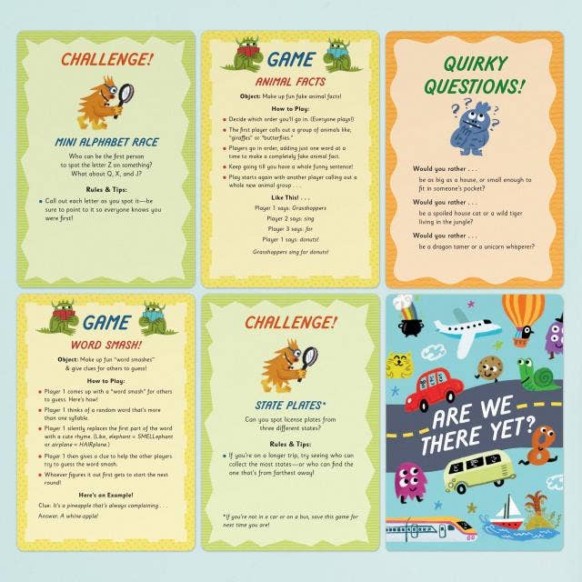 Set of educational game cards with various activities and illustrations on a blue background