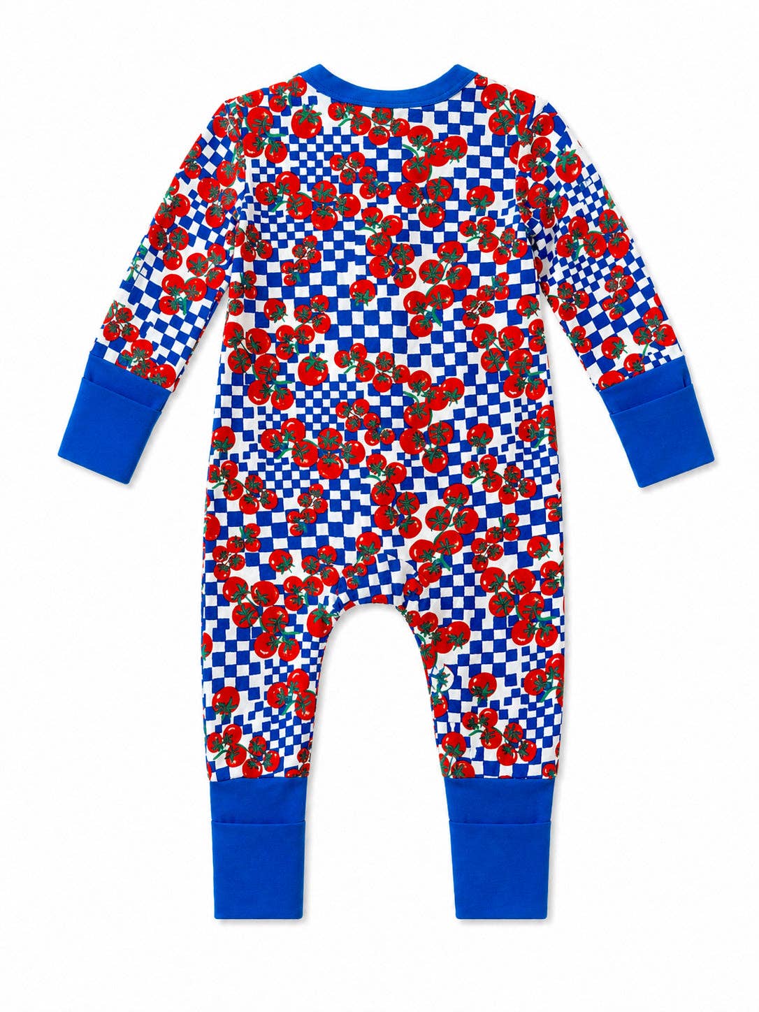 Children's pajama with red and blue checkered tomato pattern on a white background