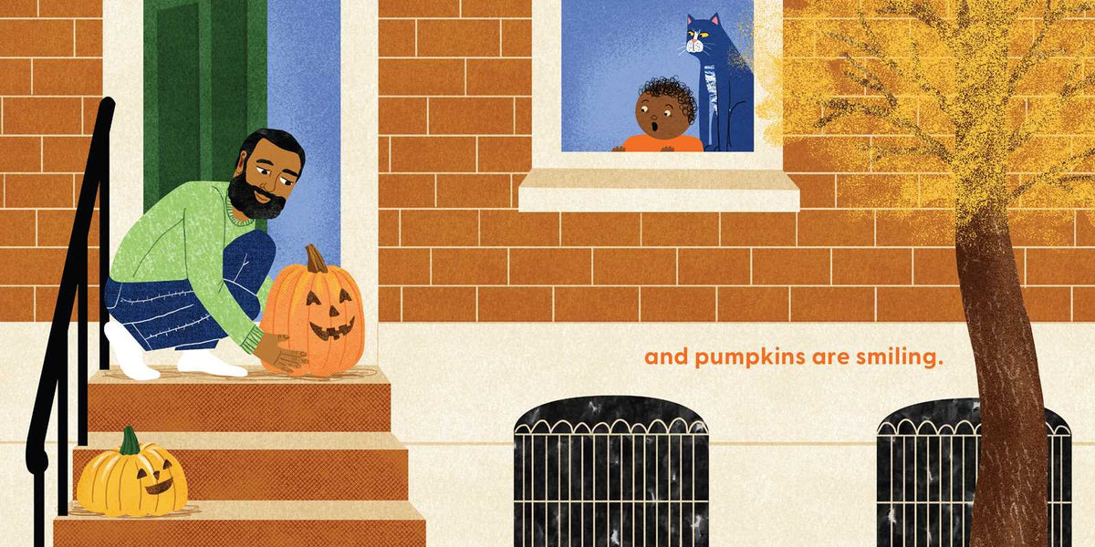 Illustration of a man setting up pumpkins on steps with a child looking out a window, featuring a cat.