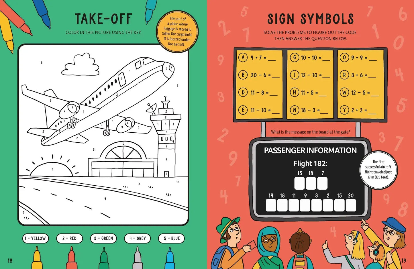 Educational book page with coloring activity and sign symbols for children.