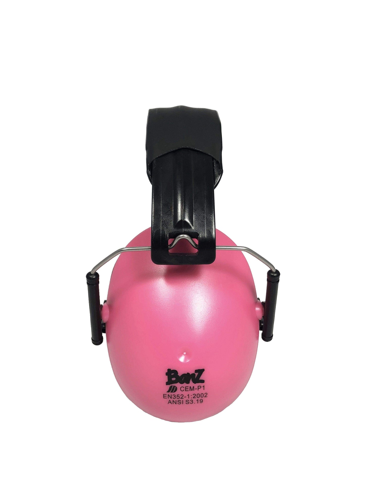 Pink ear protection with a black clip on a white background