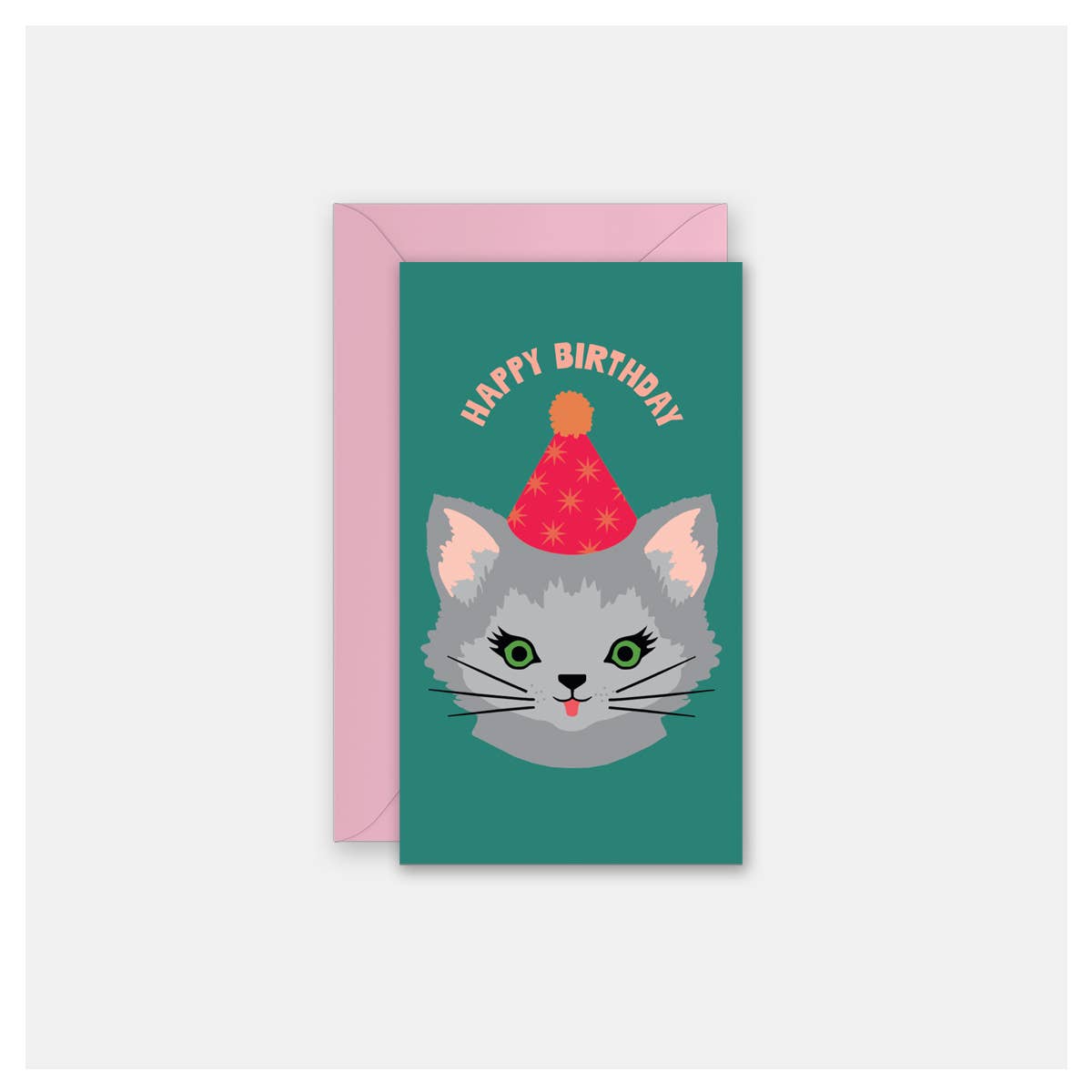 Greeting card with a cat wearing a birthday hat and 'Happy Birthday' text on a teal background.