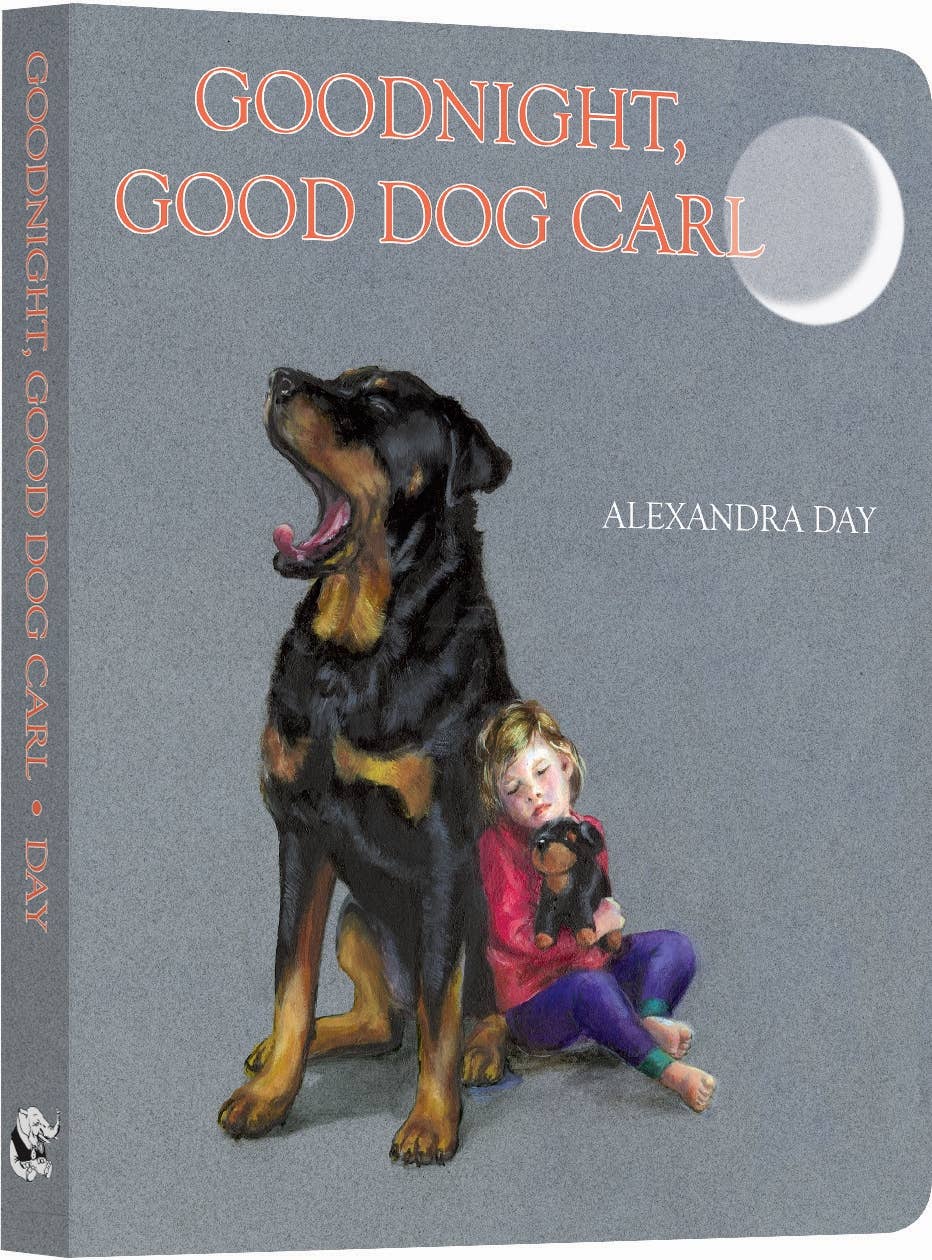 Book cover of 'Goodnight, Good Dog Carl' by Alexandra Day with a illustration of a child and dog on a gray background.