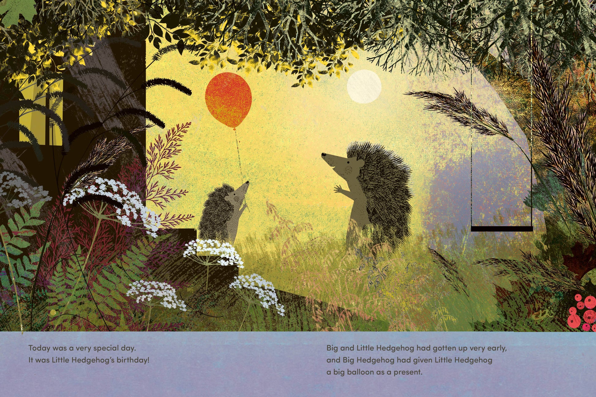 Illustration of two hedgehogs in a forest with a balloon, surrounded by nature elements.