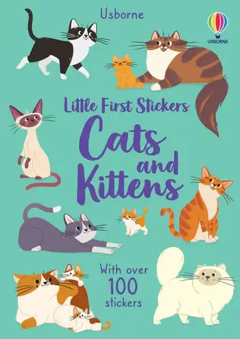 Book cover of 'Little First Stickers: Cats and Kittens' with illustrations of cats on a teal background.