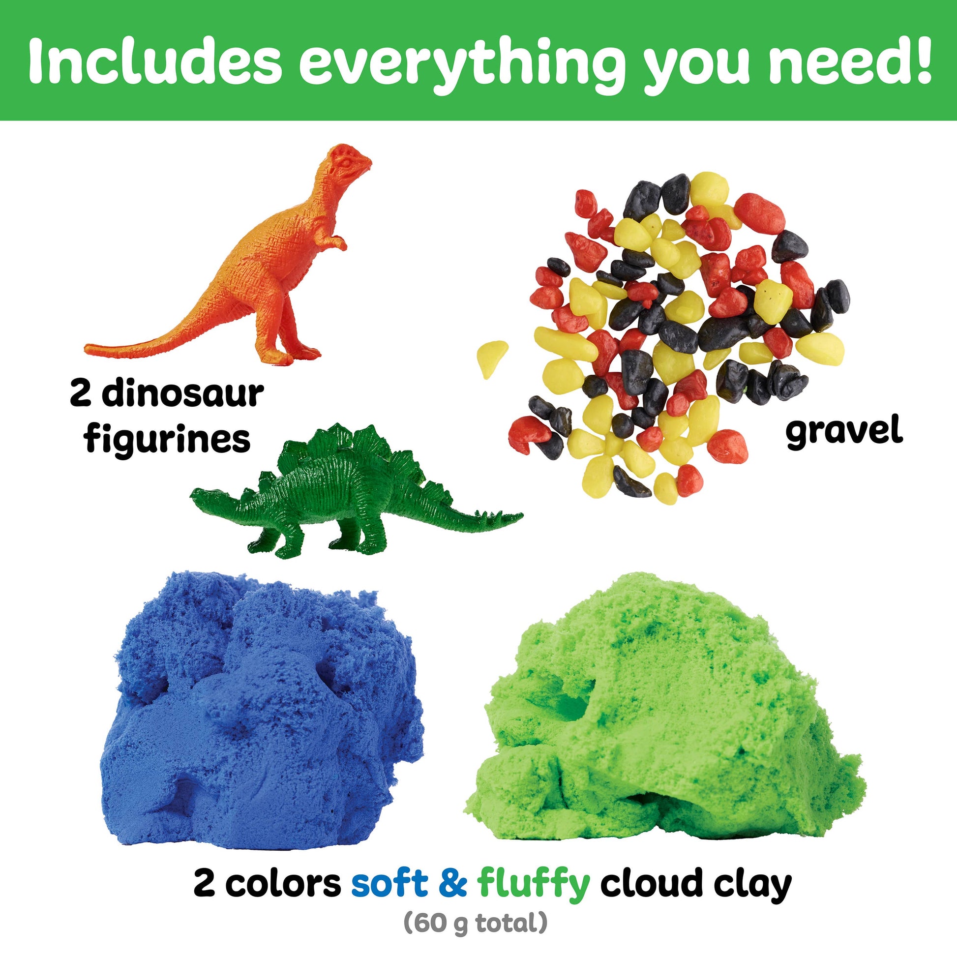 Dinosaur figurines, gravel, blue and green cloud clay on a white background with text indicating contents.