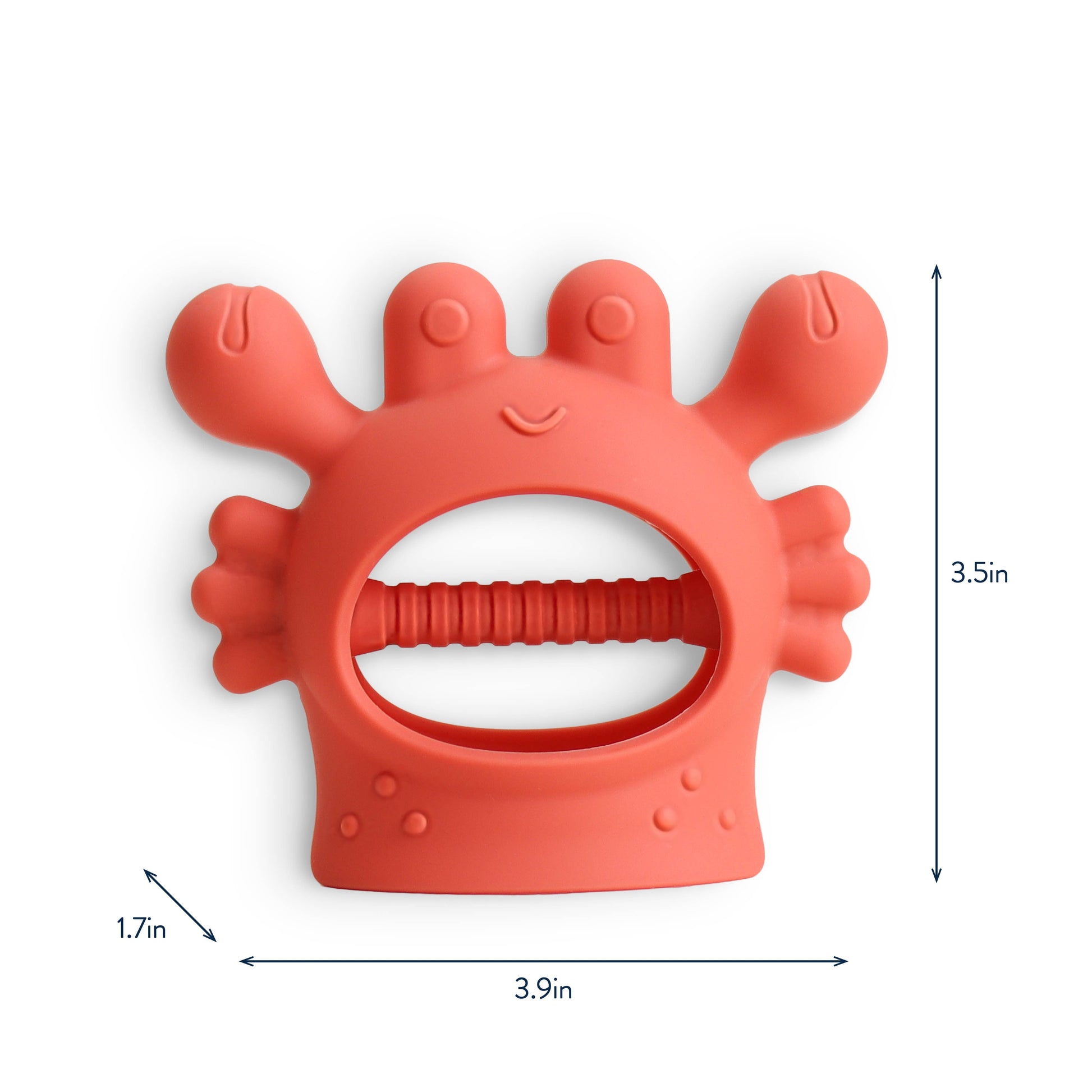 Red crab-shaped teether with dimensions on a white background