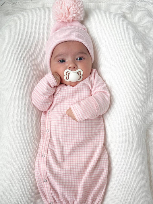 Pink Stripe Ribbed Newborn Gown