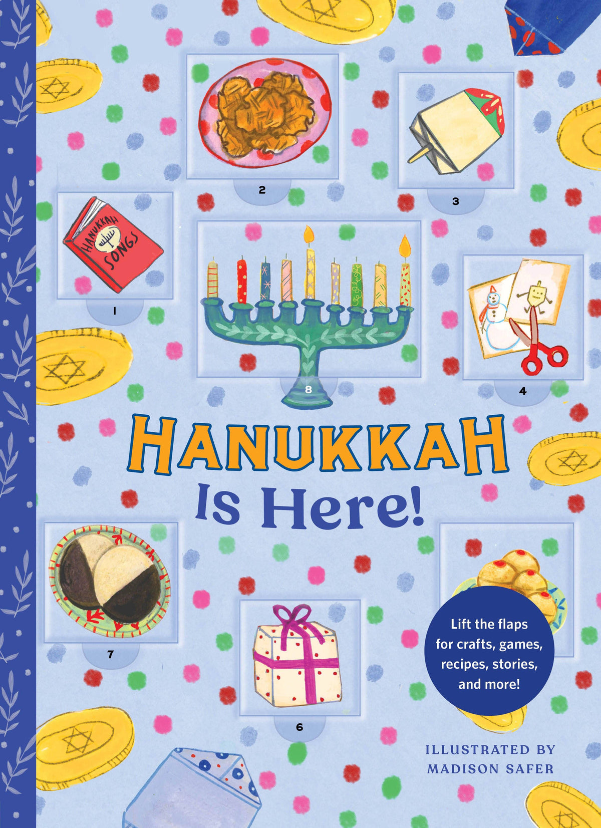 Book cover of 'Hanukkah Is Here!' with colorful illustrations and text.