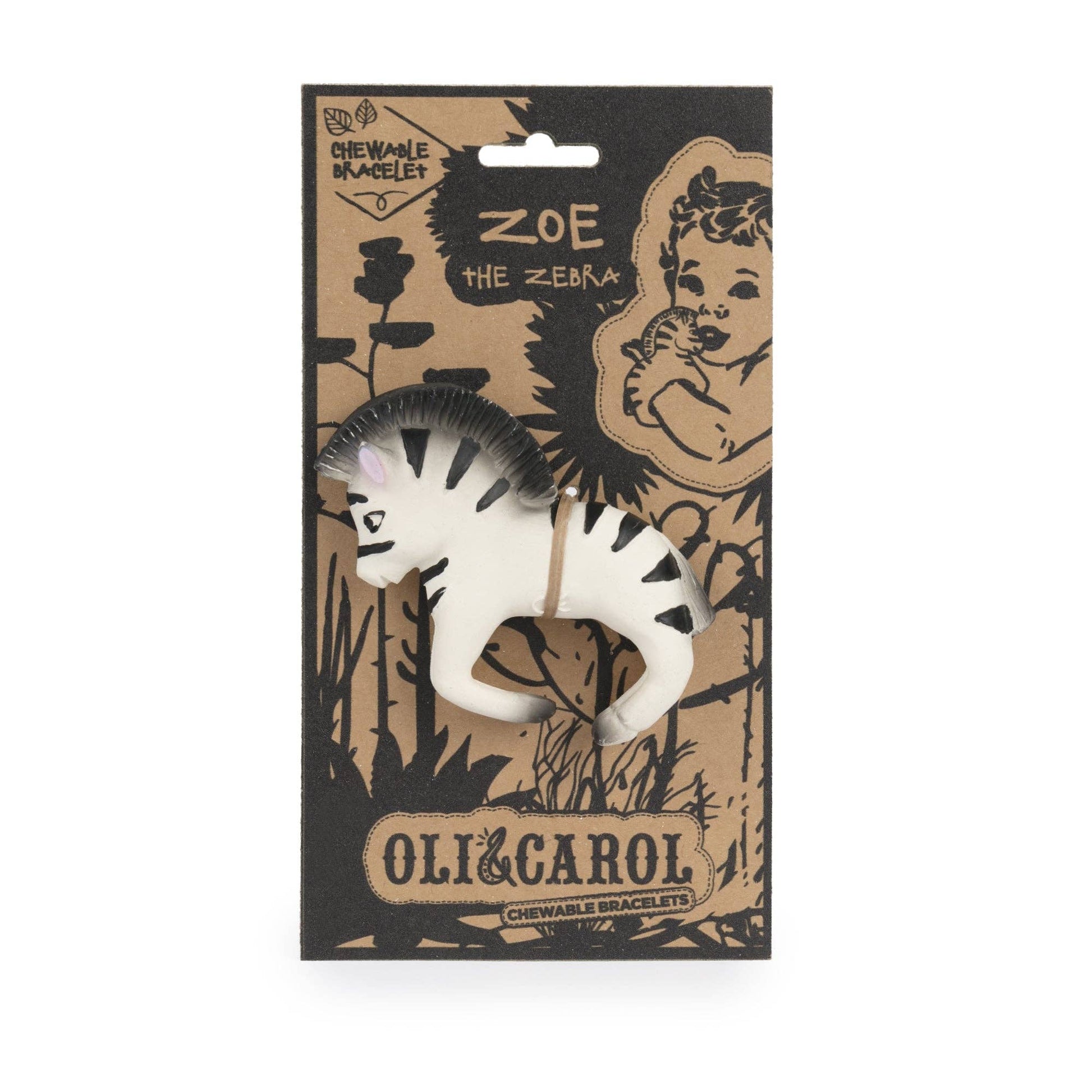 Zebra-shaped teething bracelet in packaging with 'Oli & Carol' branding
