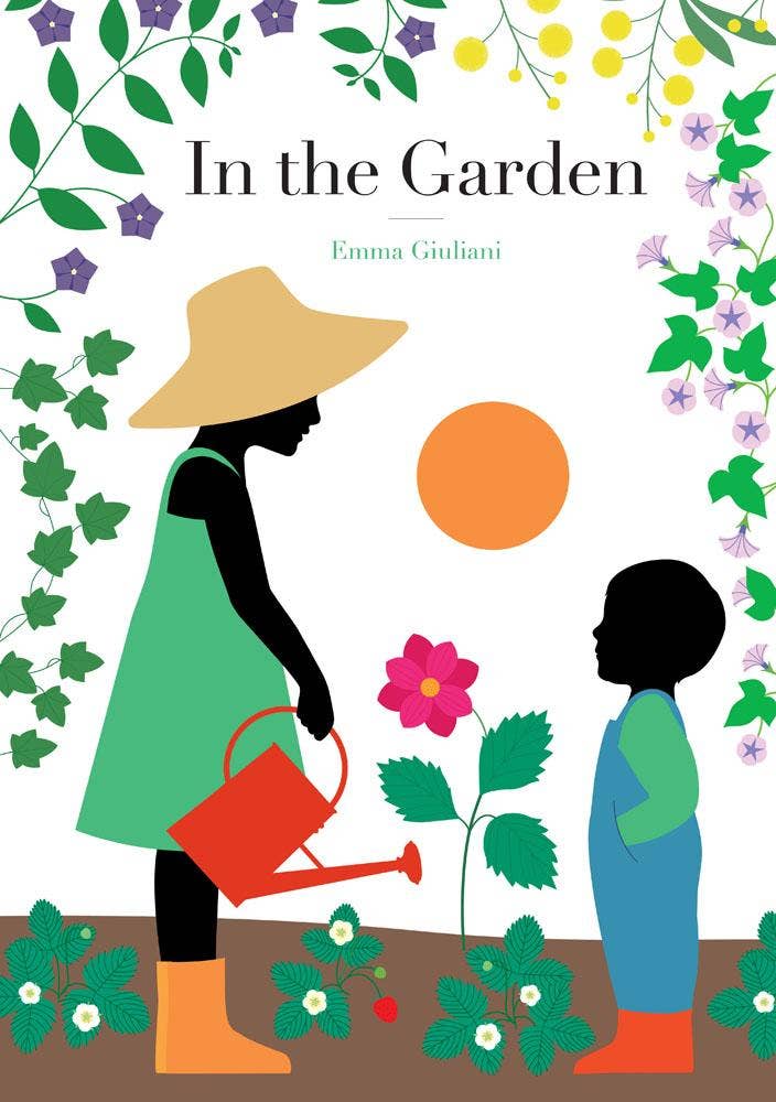 Book cover of 'In the Garden' with a silhouette of a woman and child gardening.