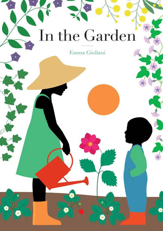 Book cover of 'In the Garden' with a silhouette of a woman and child gardening.