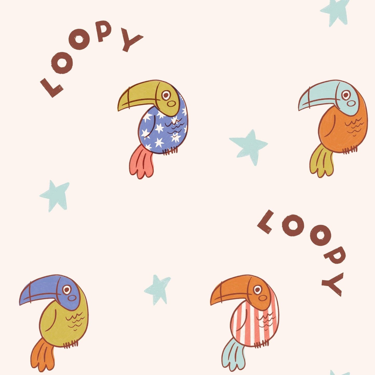 Close up look at toucan bird art with blue stars and "Loopy" text on white background