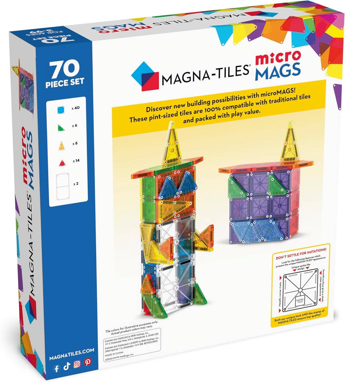 Magna-Tiles micro MAGS packaging with colorful tiles and text on a white background