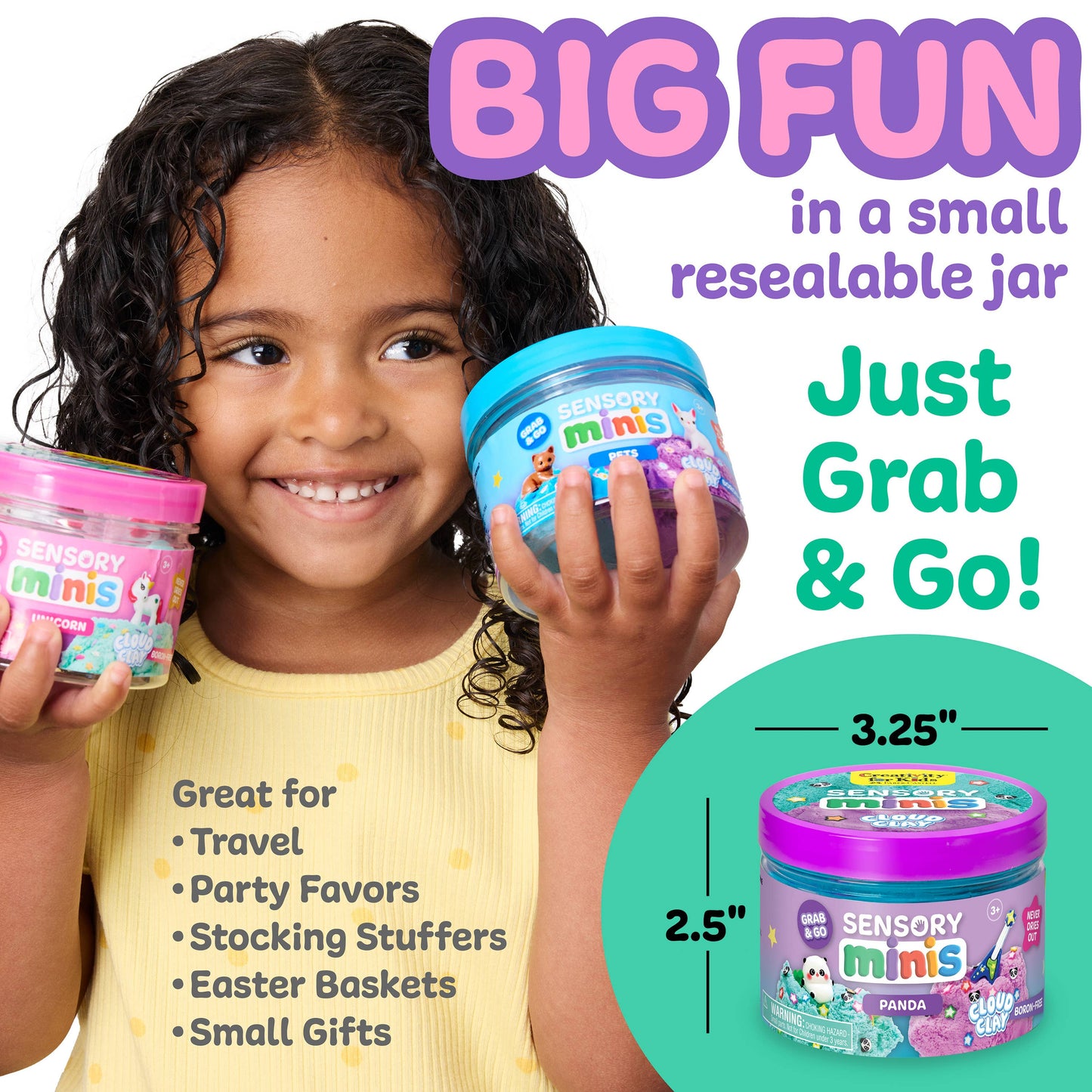 Child holding Sensory Minis containers with product details on a white background