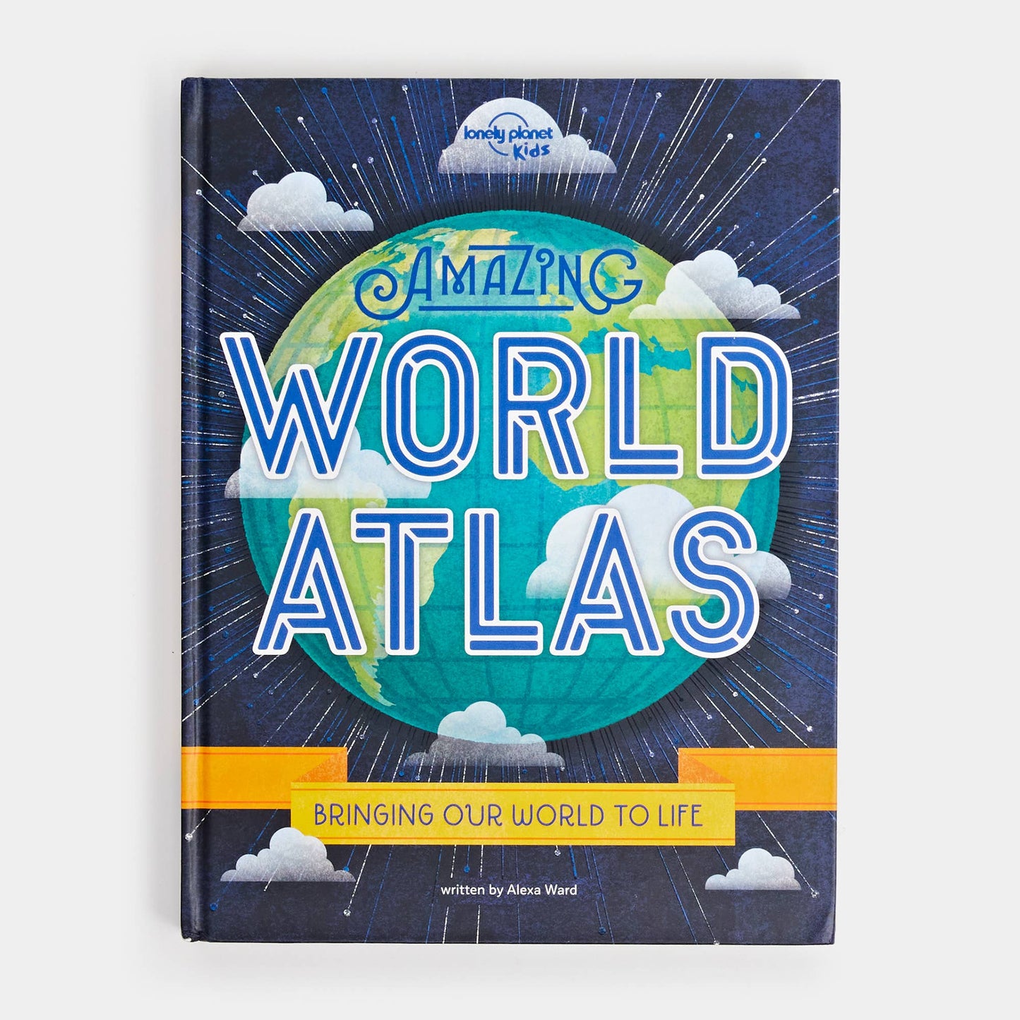 Children's atlas book titled 'Amazing World Atlas' on a white background