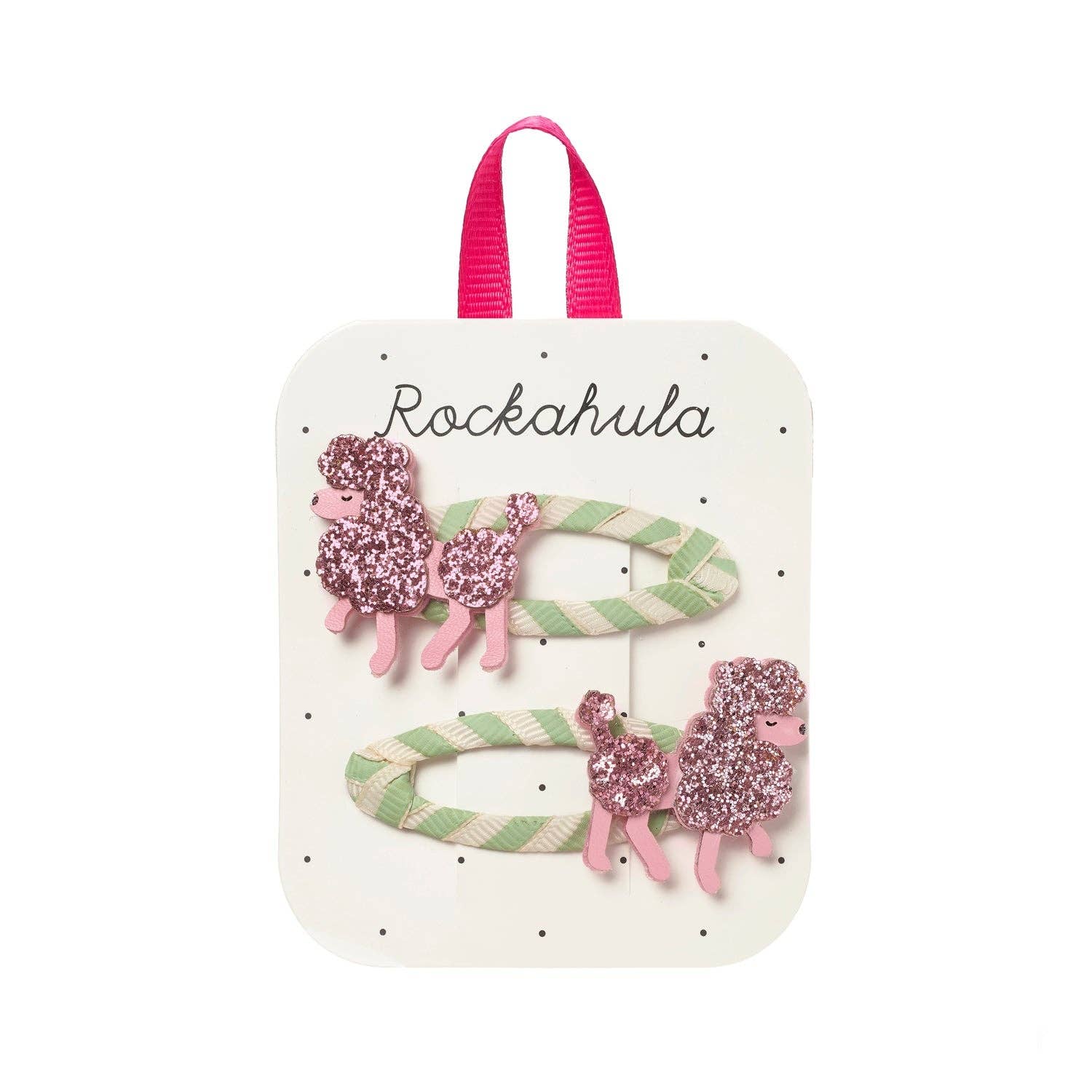 Set of pink glitter llama hair clips on a Rockahula branded card with a pink handle.