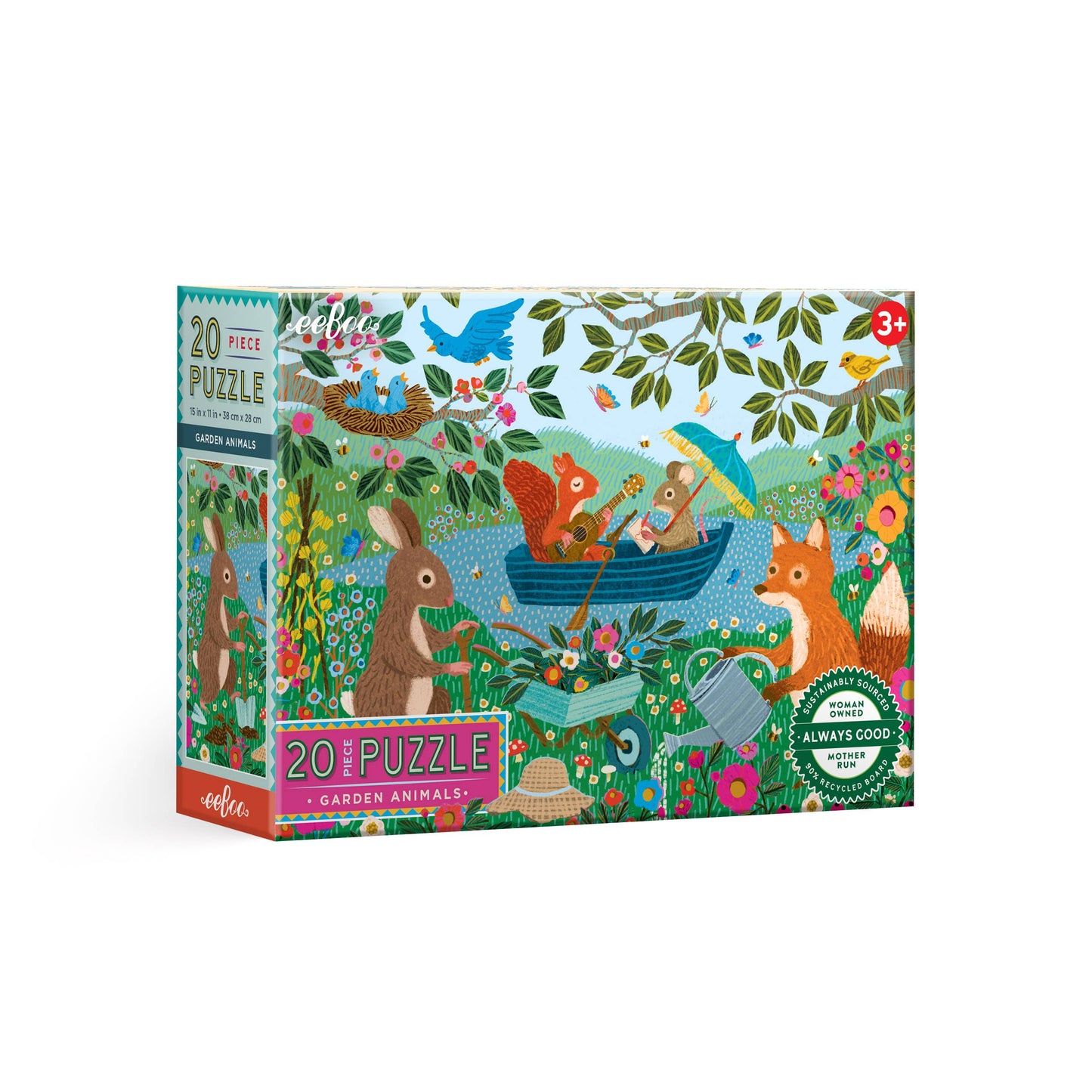 Jigsaw puzzle box with garden animals design on a white background