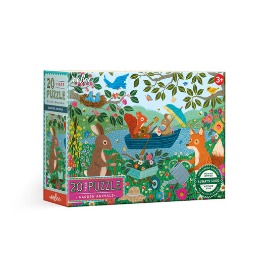 Jigsaw puzzle box with garden animals design on a white background