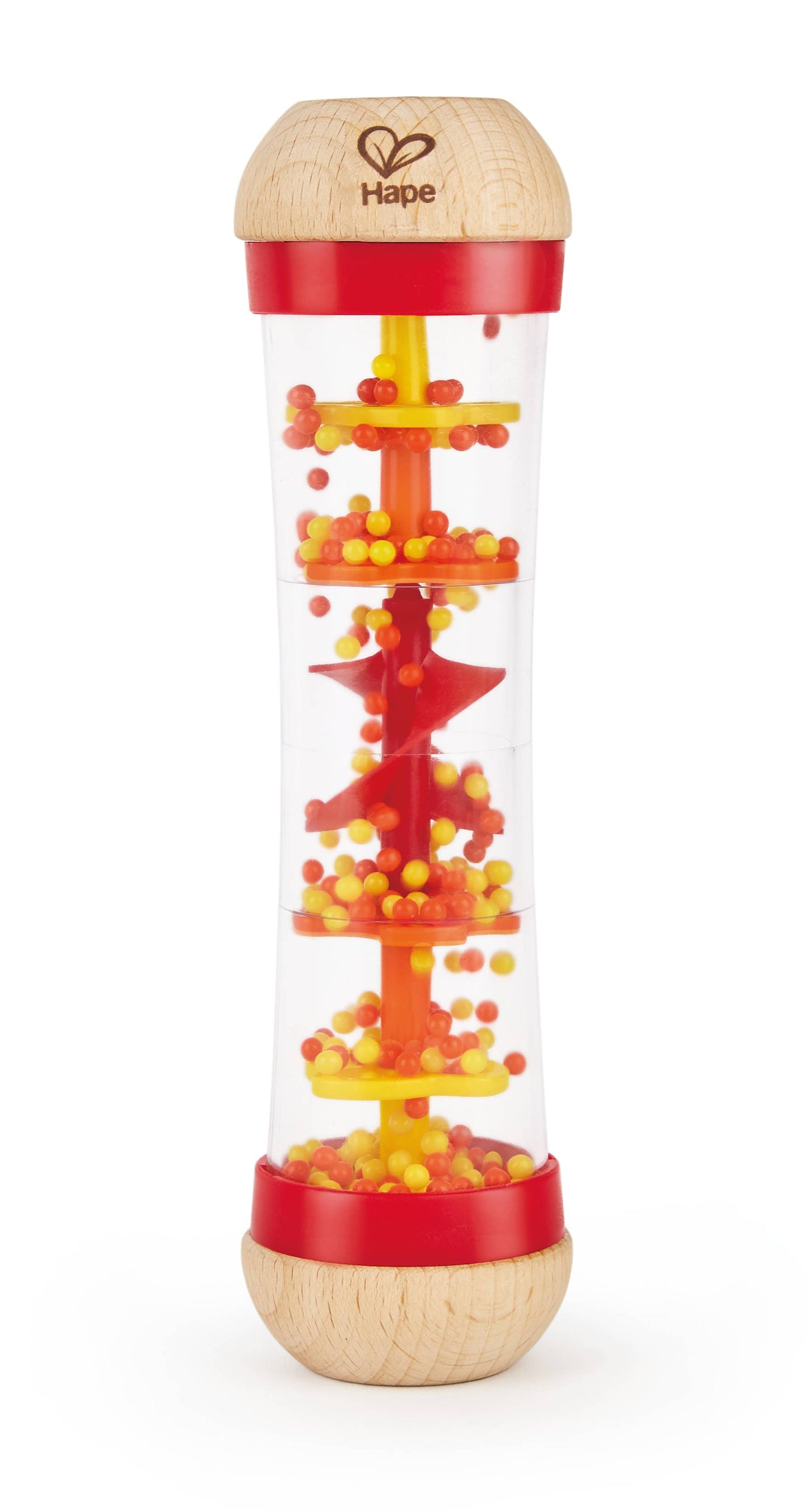 Toy with a spiral design filled with colorful beads, branded 'Hape', on a white background