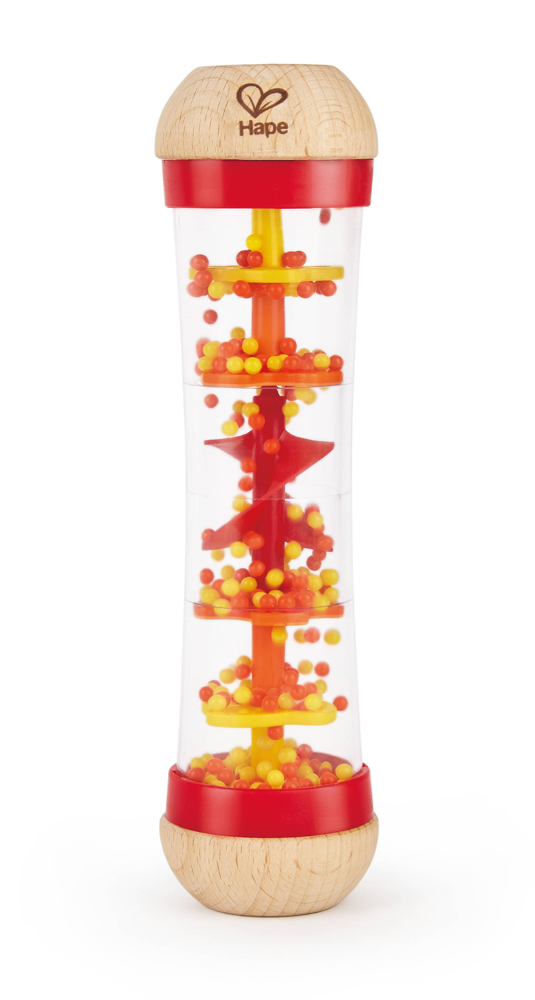 Toy with a spiral design filled with colorful beads, branded 'Hape', on a white background
