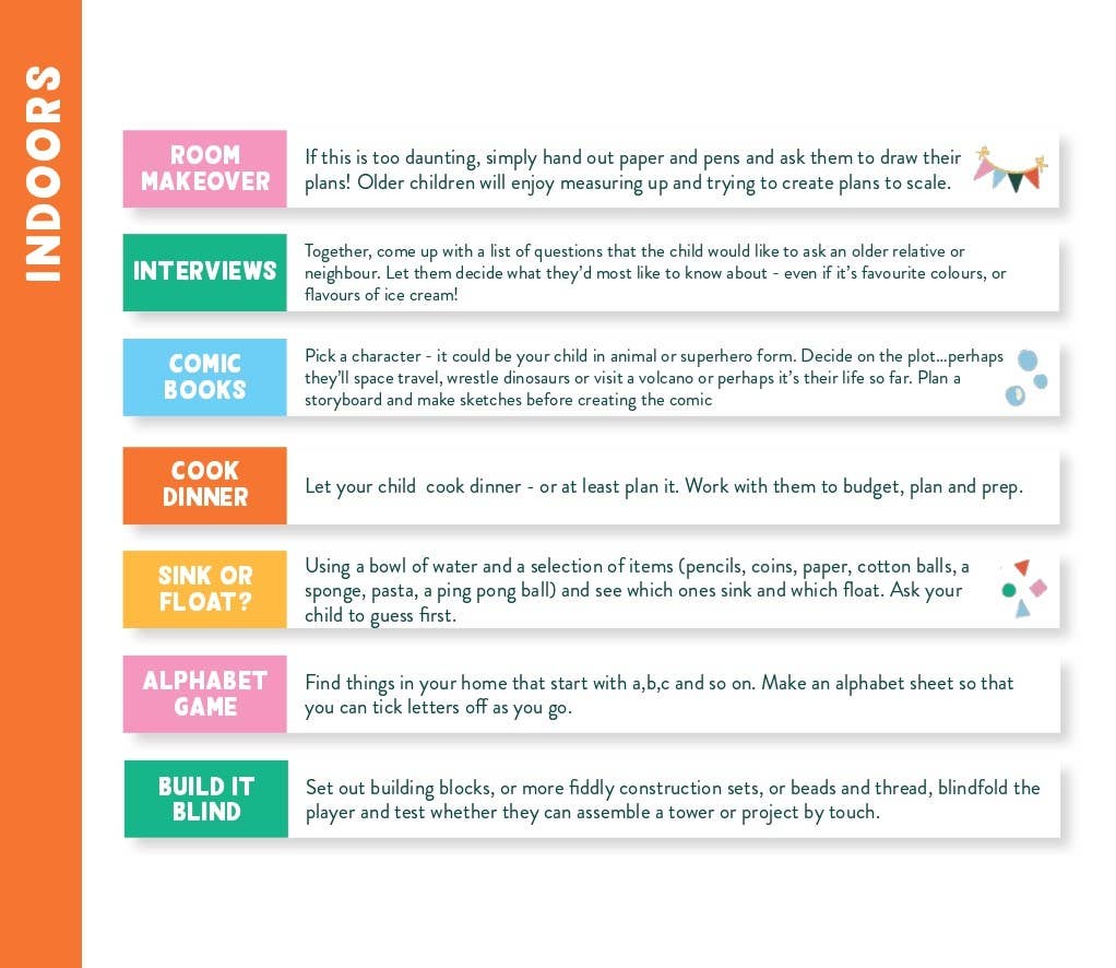 Sheet of activities for children indoors with colorful text and icons.