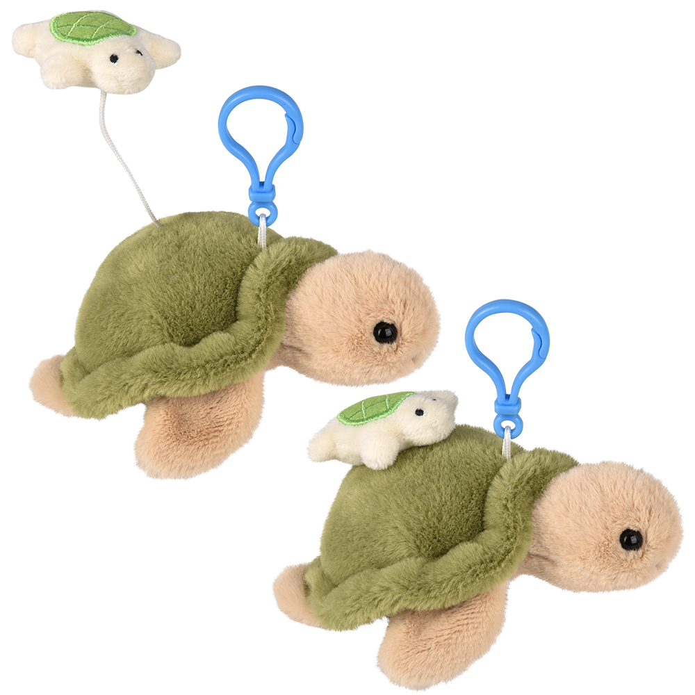 Two plush turtle toys with baby turtles on a white background