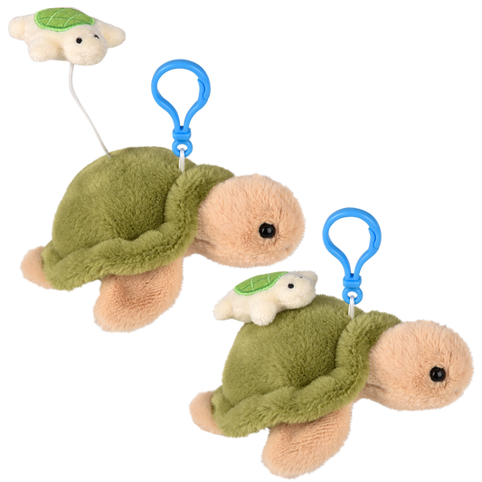 Two plush turtle toys with baby turtles on a white background